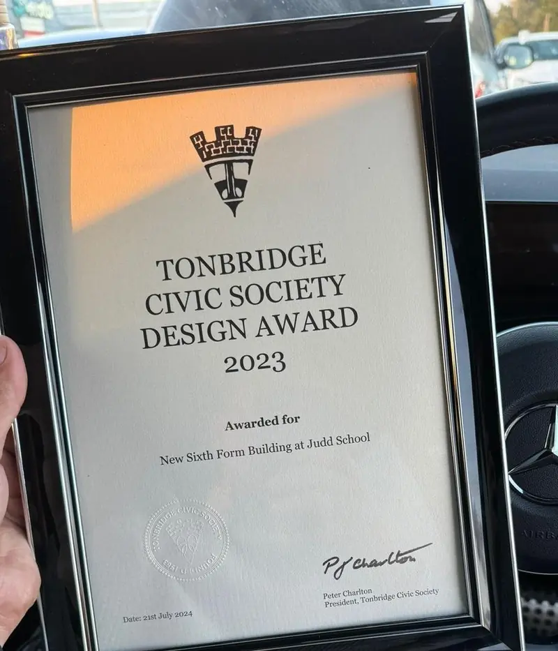 Framed Tonbridge Civic Society Design Award 2023 certificate for the new sixth form building at Judd School